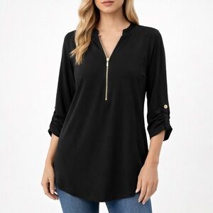 Zenana Black Zip Front Roll Tab Sleeve Tunic Blouse Medium